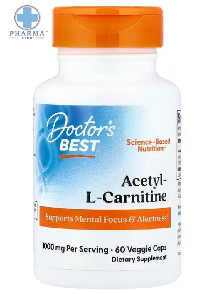 Bouteille blanche en plastique avec bouchon orange et étiquette bleue doctor’s best complément alimentaire acetyl l-carnitine 60 gélules