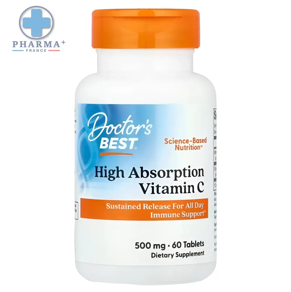 Bouteille en plastique blanc avec un bouchon orange et étiquette bleu et orange du complément alimentaire doctor’s best haute absorption 90 gélules