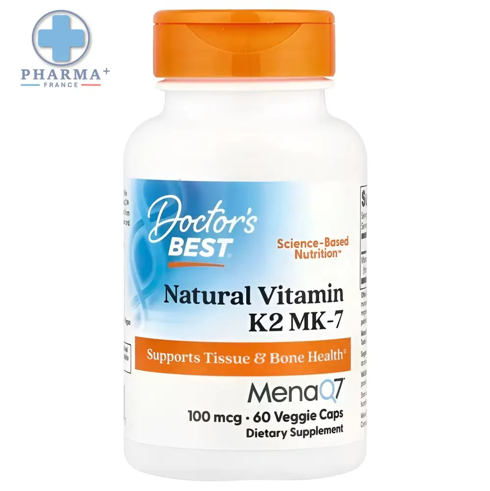 Bouteille en plastique blanche avec bouchon orange et étiquette bleue et orange doctor’s best natural vitamine k2 mk7 avec menaQ7 60 gélules