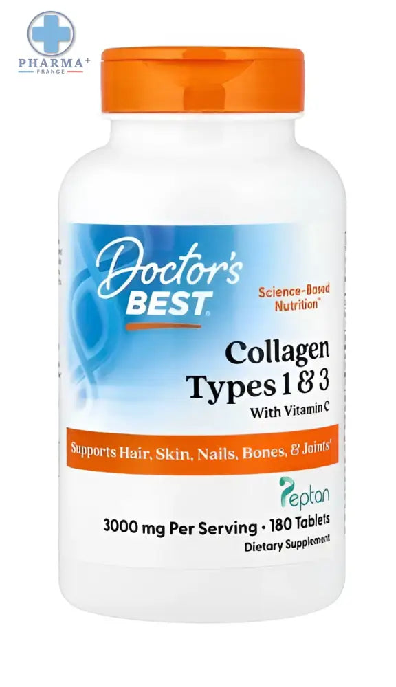 Bouteille plastique blanche avec bouchon orange et étiquette bleue doctor’s best complément collagène types 1 et 3 avec peptan