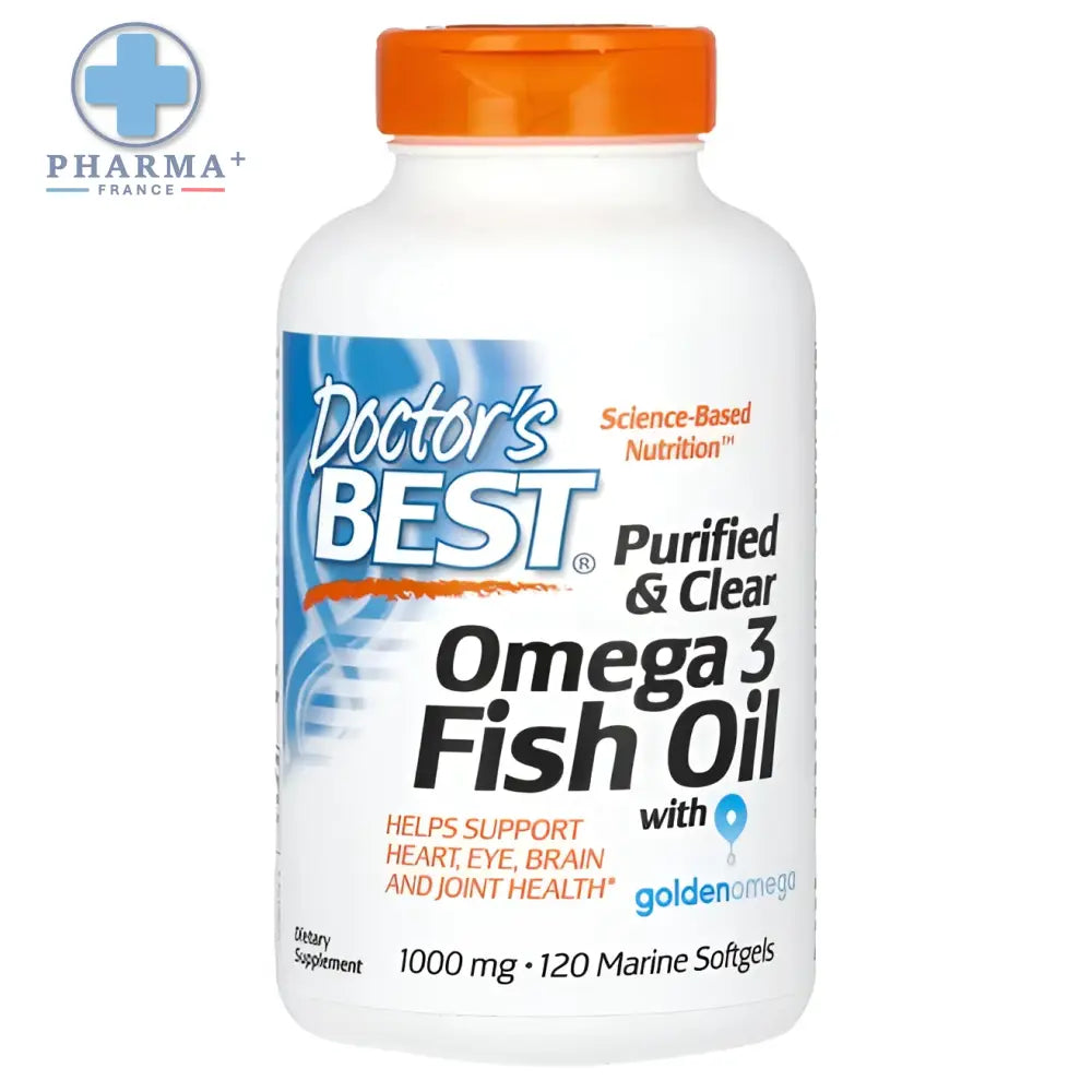 Bouteille blanche en plastique avec bouchon orange et étiquette bleue blanche doctor’s best complément oméga 3 purifié huile de poisson 100 gélules