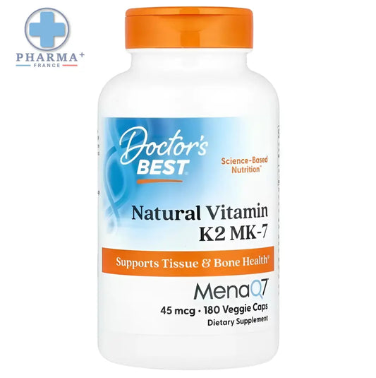 Flacon blanc en plastique avec bouchon orange et étiquette bleu orange doctor’s best naturel vitamine k2 mk7 avec menaq7