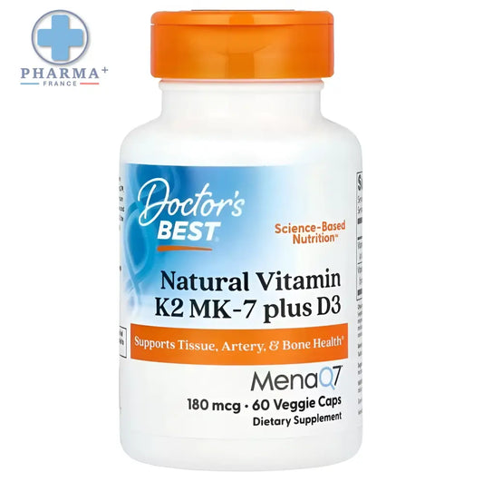 Bouteille plastique blanche avec bouchon orange et étiquette bleu-orange doctor’s best mk7 with menaq7 plus d3 supplément vitaminé