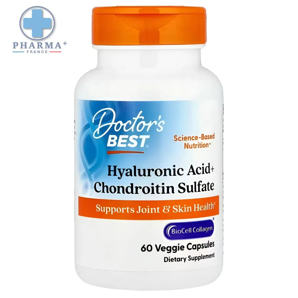 Bouteille blanche en plastique avec bouchon orange et étiquette doctor’s best contenant 60 gélules de best hyaluronic acid avec sulfate de chondroïtine