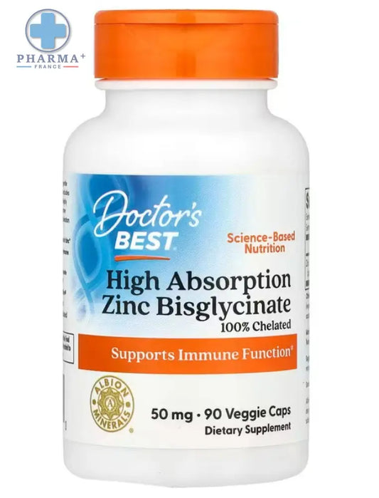 Bouteille blanche en plastique avec bouchon orange et étiquette doctor’s best high absorption pour minéraux 120 gélules