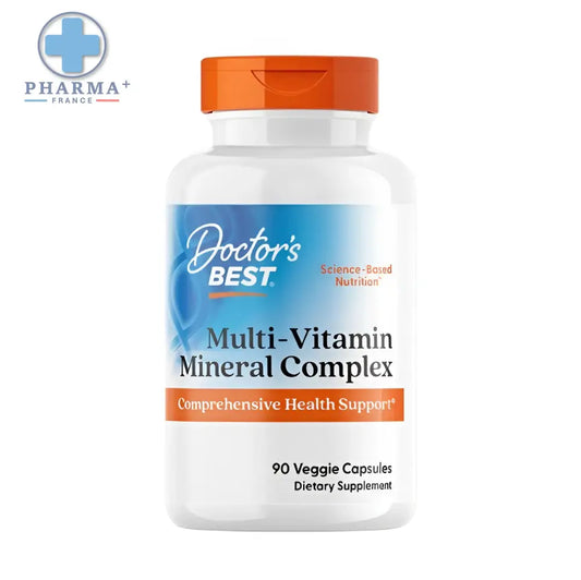 Bouteille blanche en plastique avec bouchon orange et étiquette bleue doctor’s best multi-vitamine mineral complex complément alimentaire