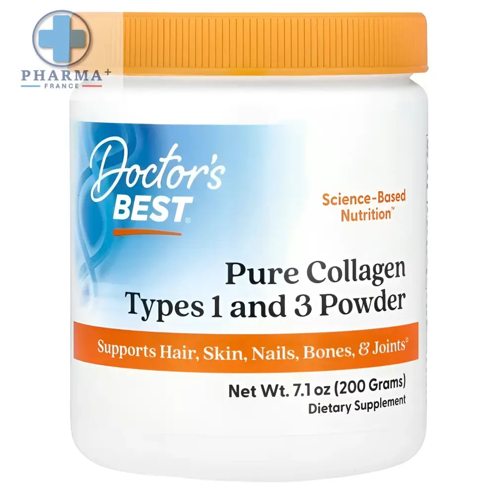 White plastic jar with orange lid and blue and orange label of doctor’s best pure collagen types 1 and 3 powder 200 g