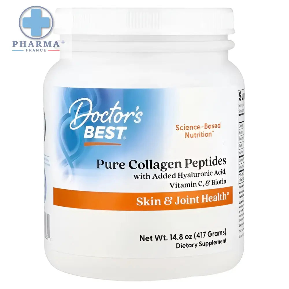 Conteneur en plastique blanc doctor’s best pure peptides de collagène en poudre 200 g avec étiquette orange et bleue