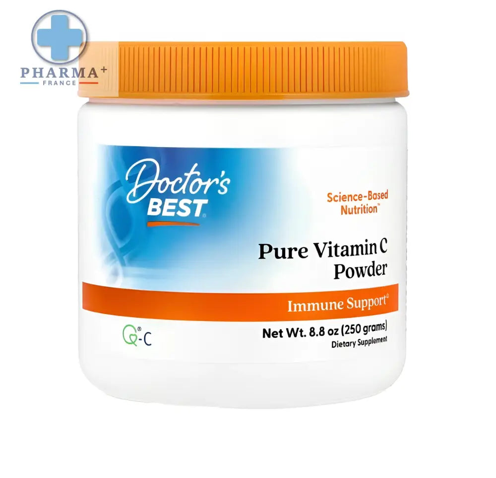 Pot en plastique blanc avec un couvercle orange côtelé et une étiquette bleu et orange doctor’s best poudre with pure vitamine c en poudre qualic
