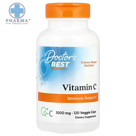 Bouteille de doctor’s best vitamine c antioxydante avec q-c 120 gélules végétales orange et bleu orange