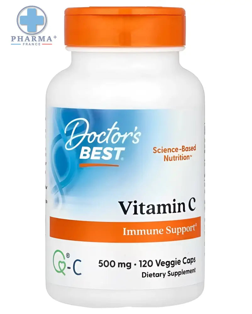 Bouteille blanche à bouchon orange de doctor’s best vitamine c complément soutien immunitaire 120 gélules