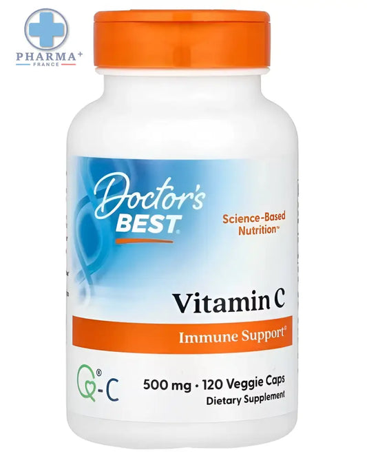 Bouteille blanche à bouchon orange de doctor’s best vitamine c complément soutien immunitaire 120 gélules