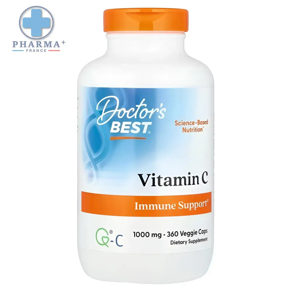 Bouteille blanche en plastique avec bouchon orange doctor’s best vitamine c soutien immunitaire 1000 mg 360 gélules végétales