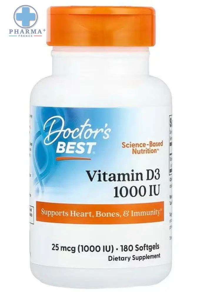 Bouteille blanche avec bouchon orange de doctor’s best capsules molles vitamine d3 1000 ui complément alimentaire