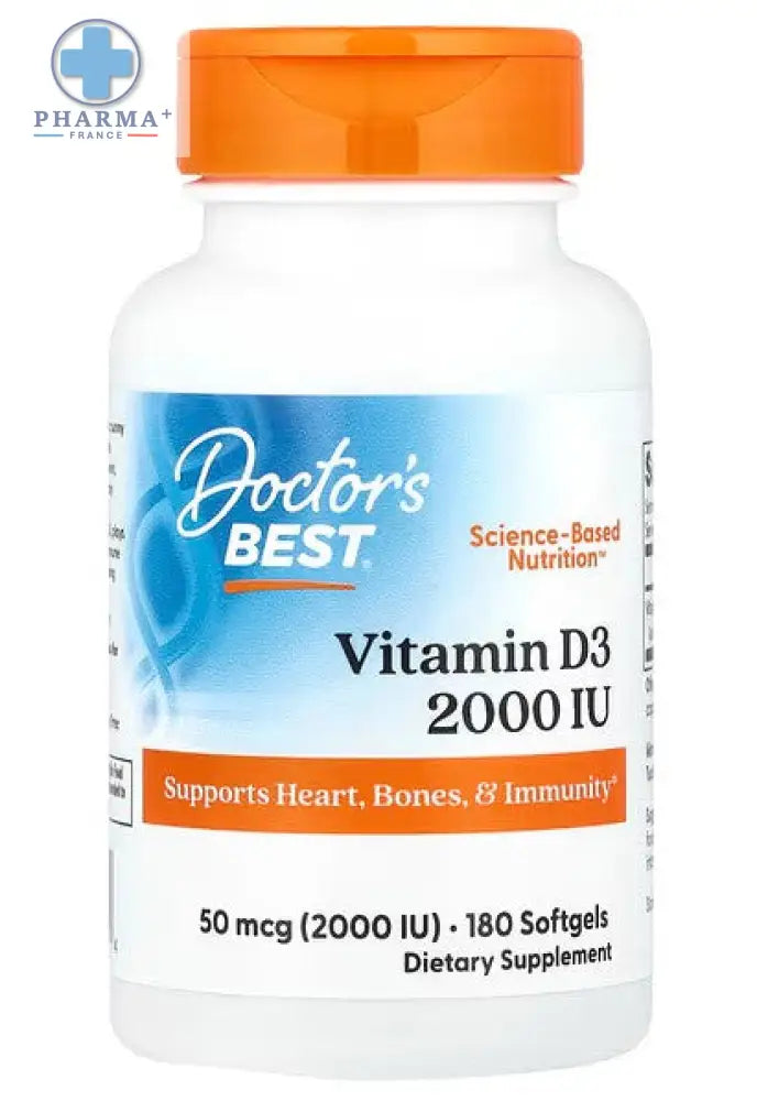 Bouteille blanche en plastique avec bouchon orange et étiquette doctor’s best vitamine d3 2000 ui capsules molles