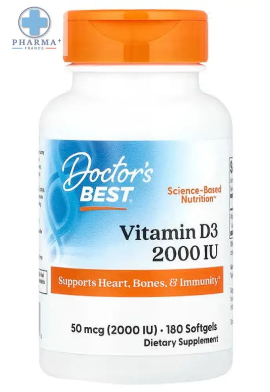 Bouteille blanche en plastique avec bouchon orange et étiquette doctor’s best vitamine d3 2000 ui capsules molles