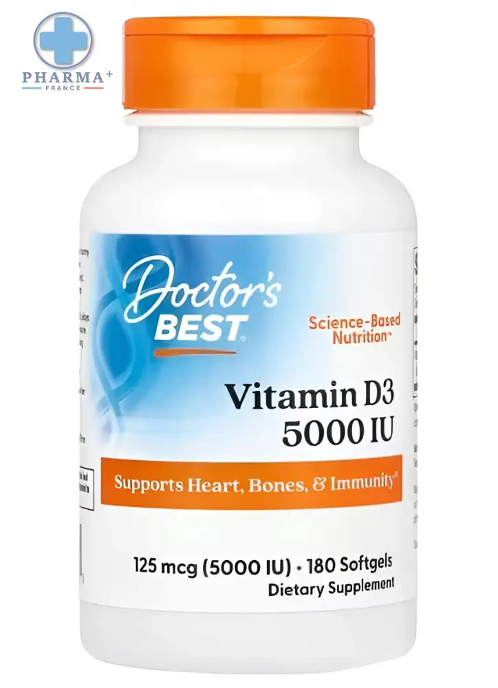 Bouteille blanche en plastique avec bouchon orange et étiquette docteur s best vitamine d3 5000 ui capsules molles