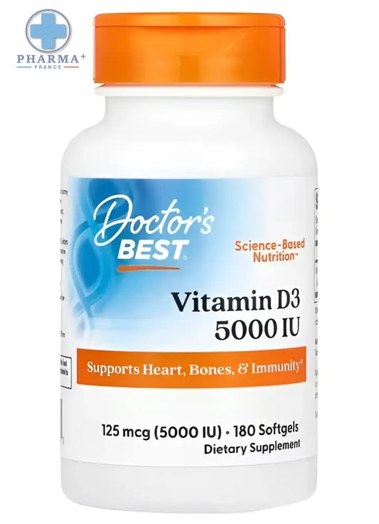 Bouteille blanche en plastique avec bouchon orange et étiquette docteur s best vitamine d3 5000 ui capsules molles