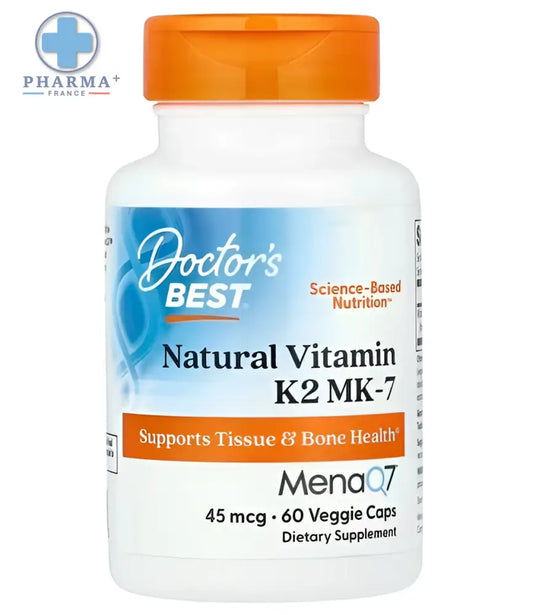 Flacon en plastique blanc avec bouchon orange et étiquette bleu et blanc doctor’s best vitamine k2 naturelle mk7 avec menaQ7