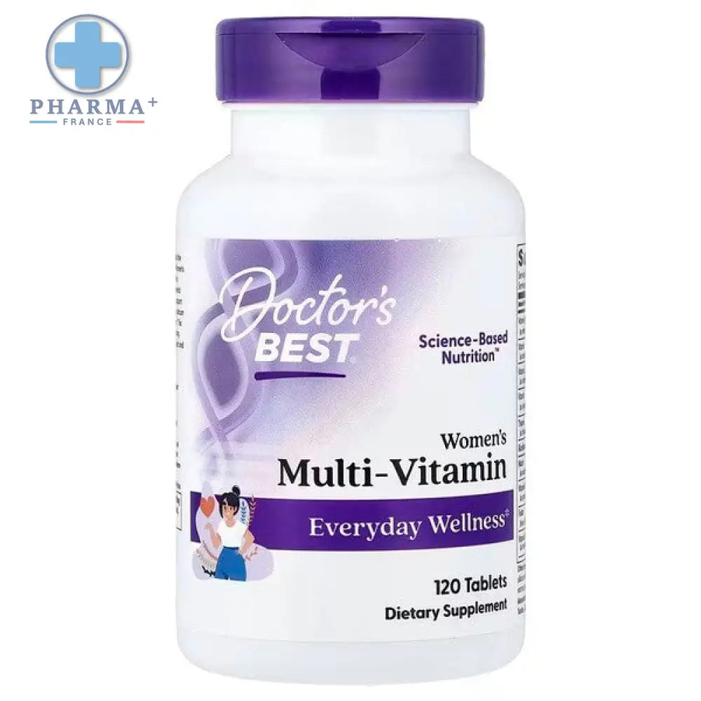 Bouteille blanche en plastique avec bouchon violet et étiquette doctor’s best women’s multivitamines pour bien-être au quotidien
