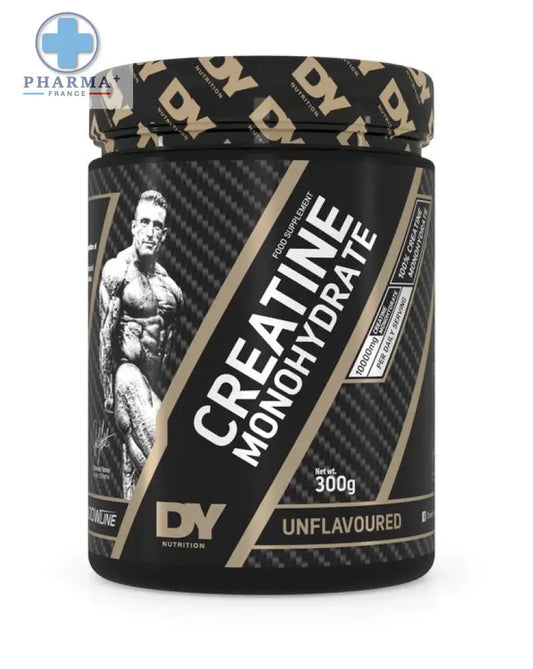 Dorian yates créatine monohydrate poudre non aromatisée 300g en pot cylindrique noir et or pour nutrition sportive