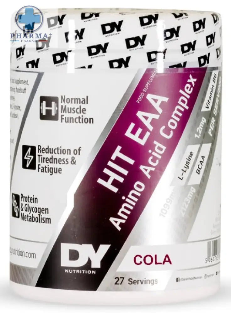 Complément acides aminés hit eaa dorian yates saveur cola en emballage cylindrique blanc et violet avec marquage noir