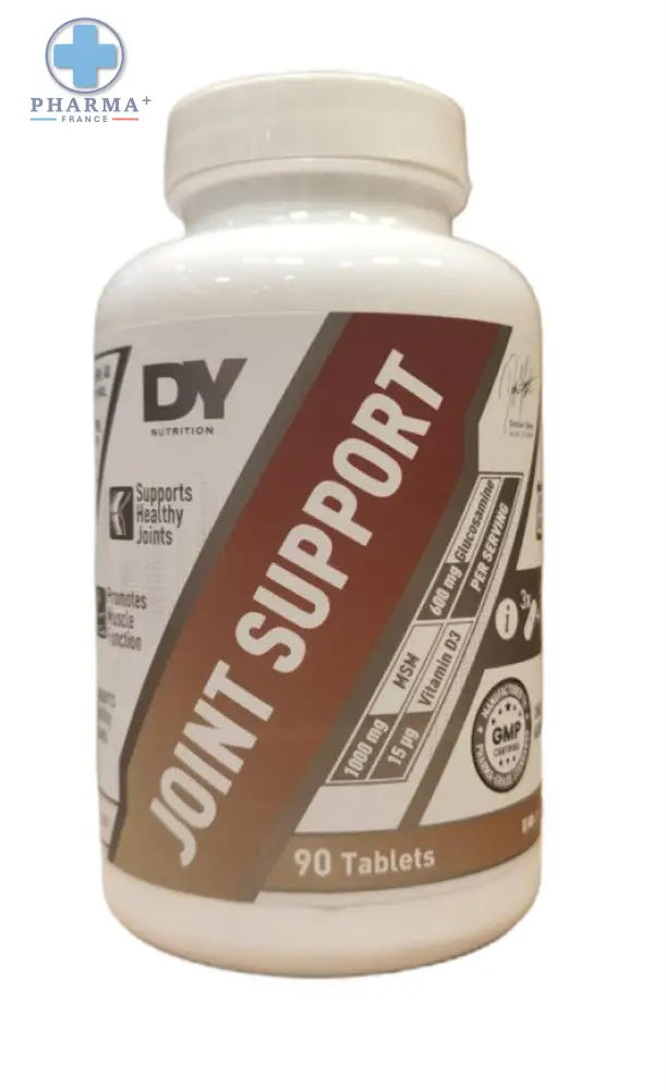 White plastic bottle of dorian yates joint defender supplement with 90 tablets containing glucosamine msm and vitamin d3