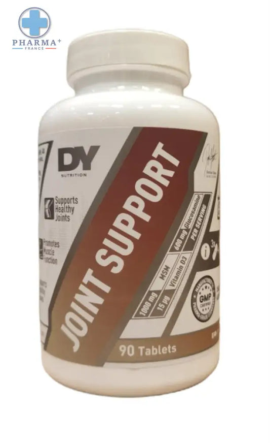 White plastic bottle of dorian yates joint defender supplement with 90 tablets containing glucosamine msm and vitamin d3