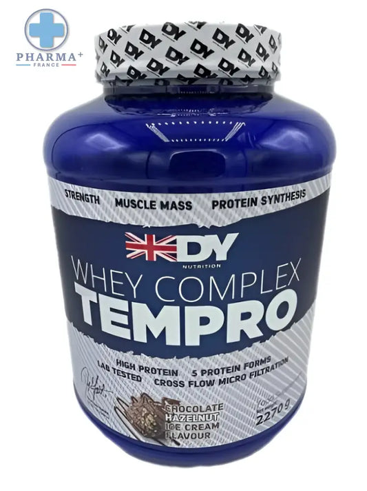 Contenant bleu en plastique de la protéine tempro whey complex chocolat noisette de dorian yates en crème glacée