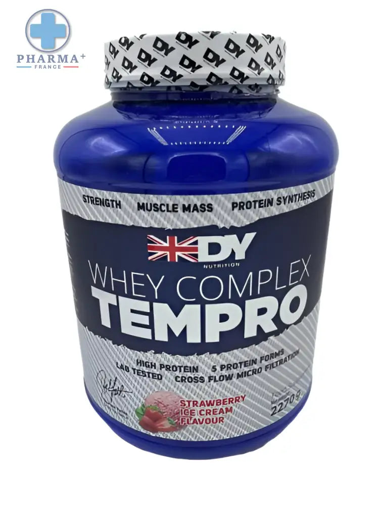 Boîte bleue de dorian yates whey complex tempro protéine fraise arôme glace à la fraise pour nutrition sportive