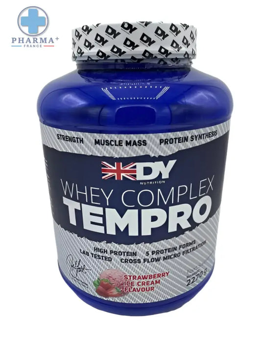 Boîte bleue de dorian yates whey complex tempro protéine fraise arôme glace à la fraise pour nutrition sportive