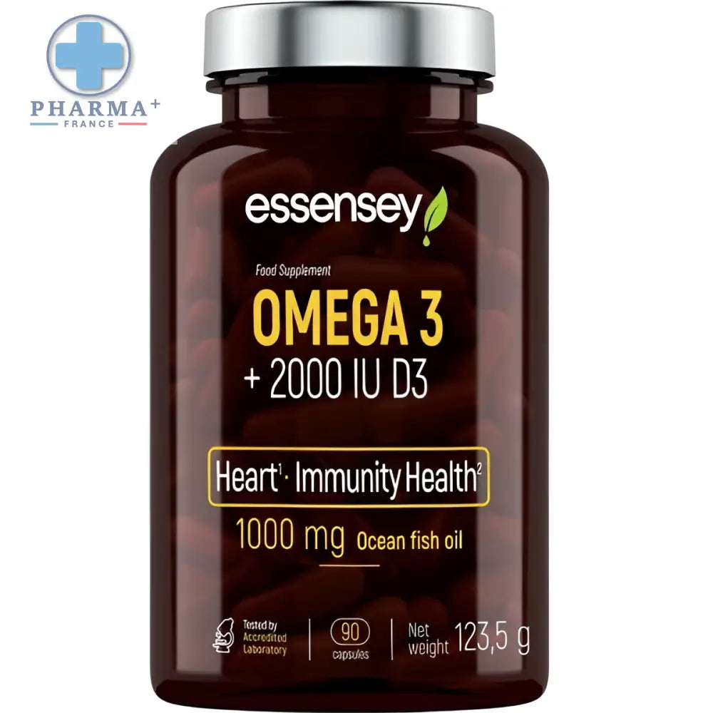 Bouteille alimentaire à base d’oméga 3 souvent issus d’huile d’une source marine avec vitamine d3 essensey pour cœur et immunité
