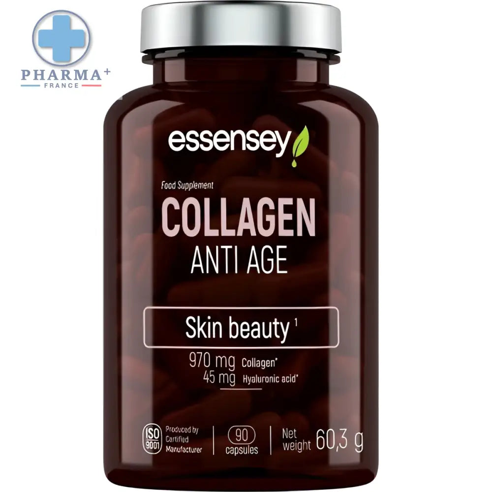 Essensey complément alimentaire collagène anti age en flacon brun foncé avec capsule argentée contenant 90 gélules