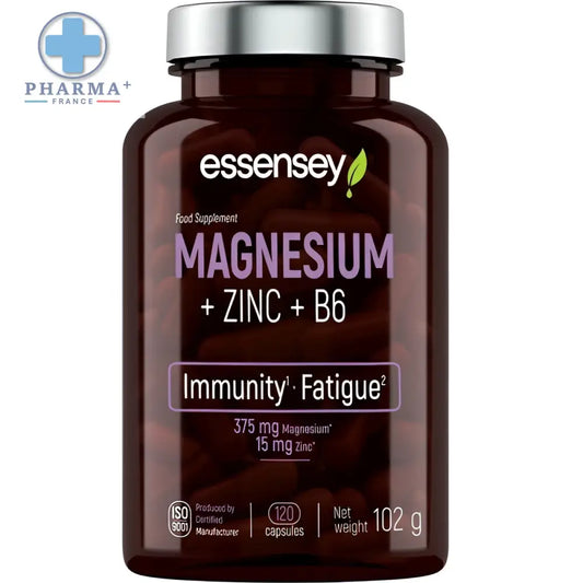 Bouteille essensey complément alimentaire magnésium zinc b6 90 gélules avec bouchon argenté