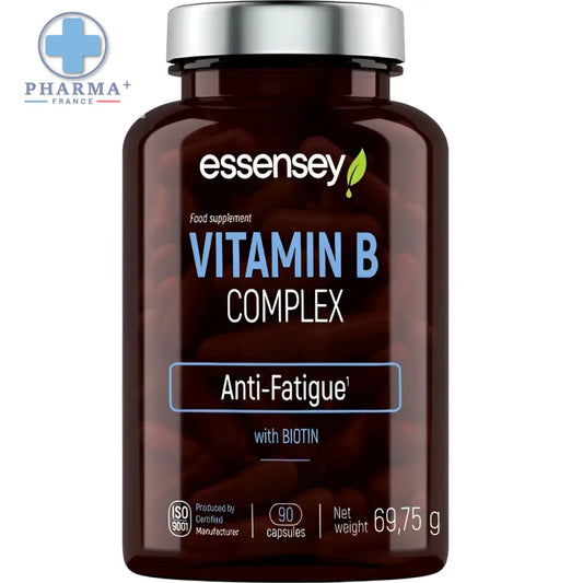 Bouteille essensey complément alimentaire vitamine b complex anti-fatigue 90 gélules corps translucide brun et bouchon argenté