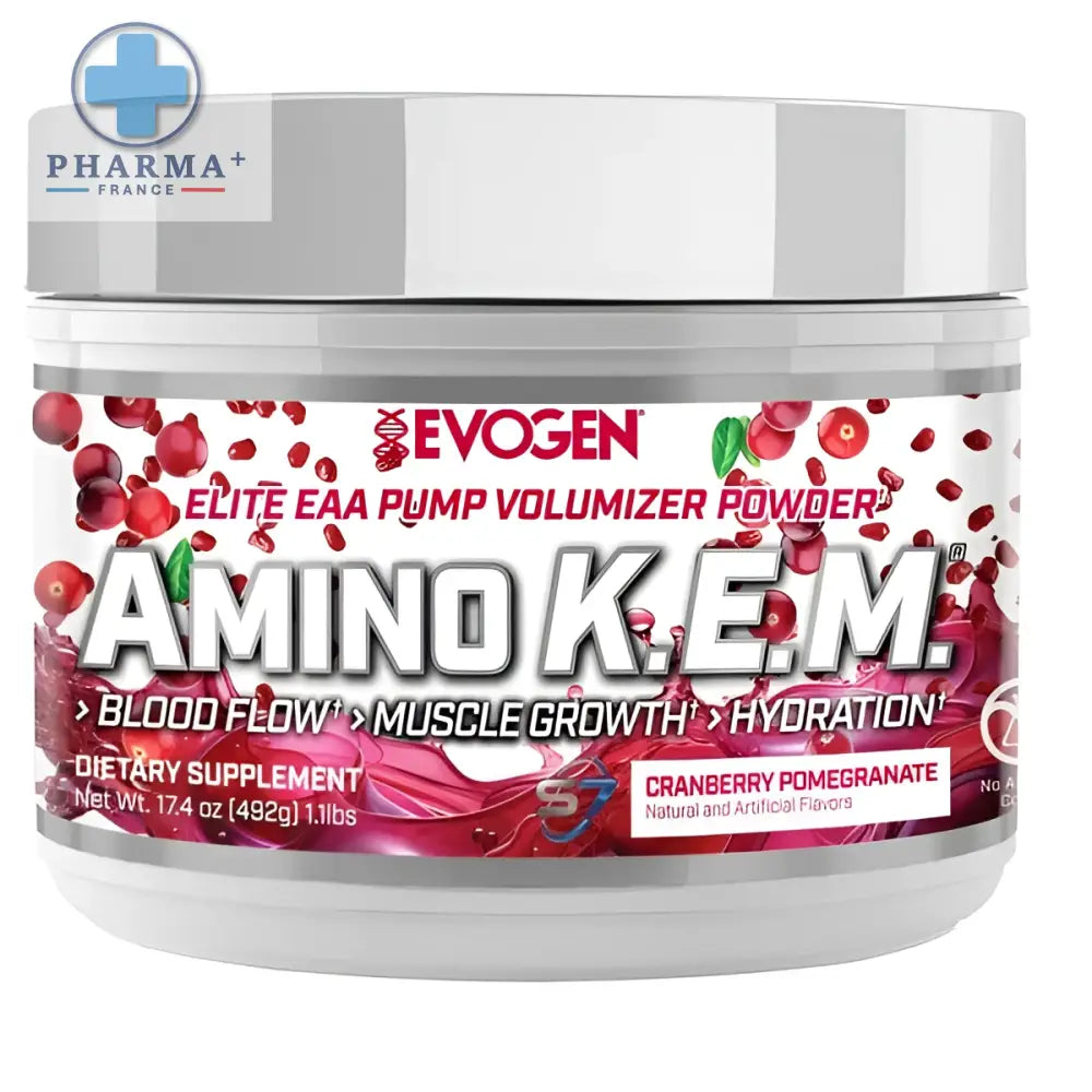 Contenant blanc en plastique avec couvercle argenté et étiquette cranberry pomegranate evogen amino saveur cranberry pomegranate