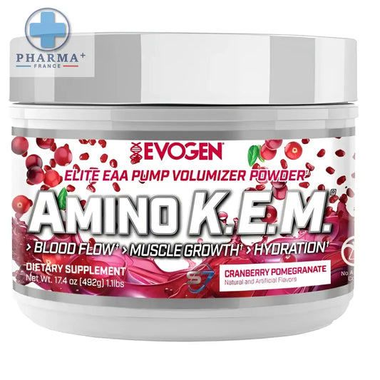 Contenant blanc en plastique avec couvercle argenté et étiquette cranberry pomegranate evogen amino saveur cranberry pomegranate