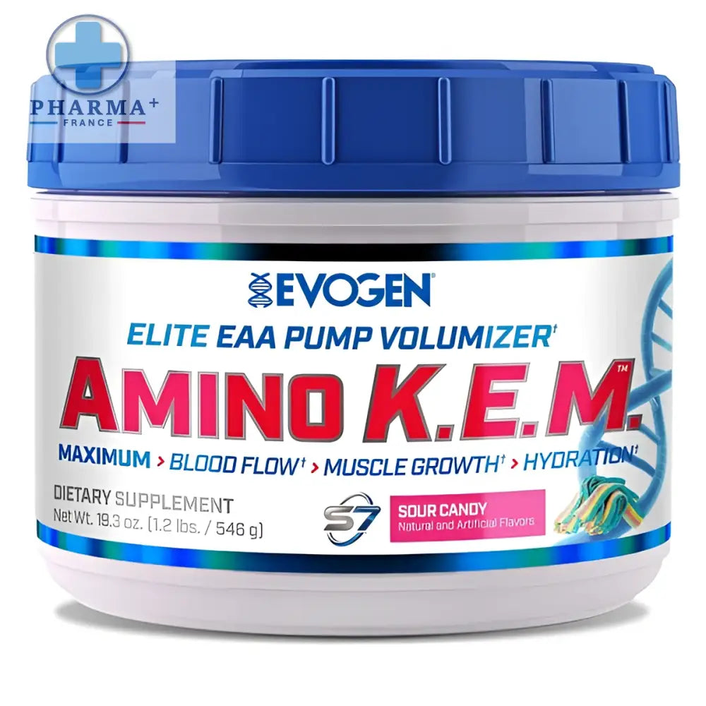 Container blanc en plastique avec couvercle bleu cannelé et étiquette texte rouge bleu rose evogen amino saveur sour candy
