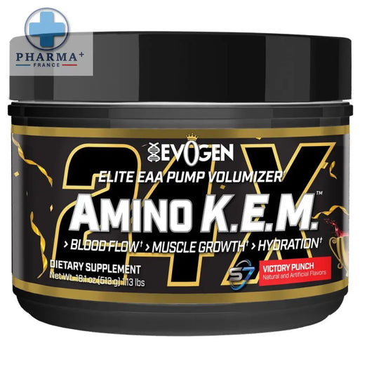 Conteneur noir et or evogen amino k.e.m complément acides aminés saveur victory punch 441 g