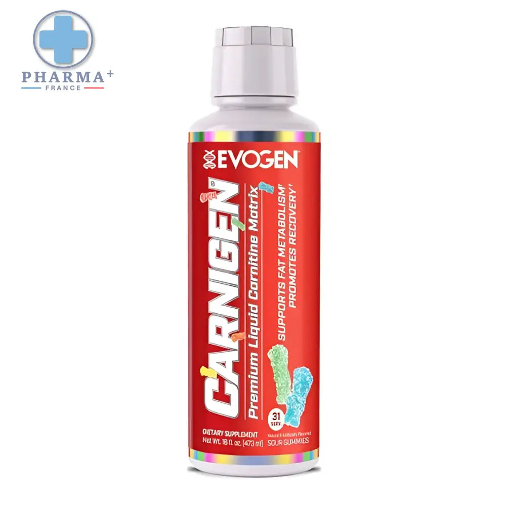 Bouteille rouge de evogen carnigen liquide carnitine saveur sour gummies 473 ml avec étiquette arc-en-ciel et bouchon argenté