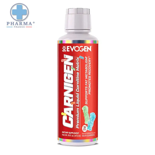 Bouteille rouge de evogen carnigen liquide carnitine saveur sour gummies 473 ml avec étiquette arc-en-ciel et bouchon argenté