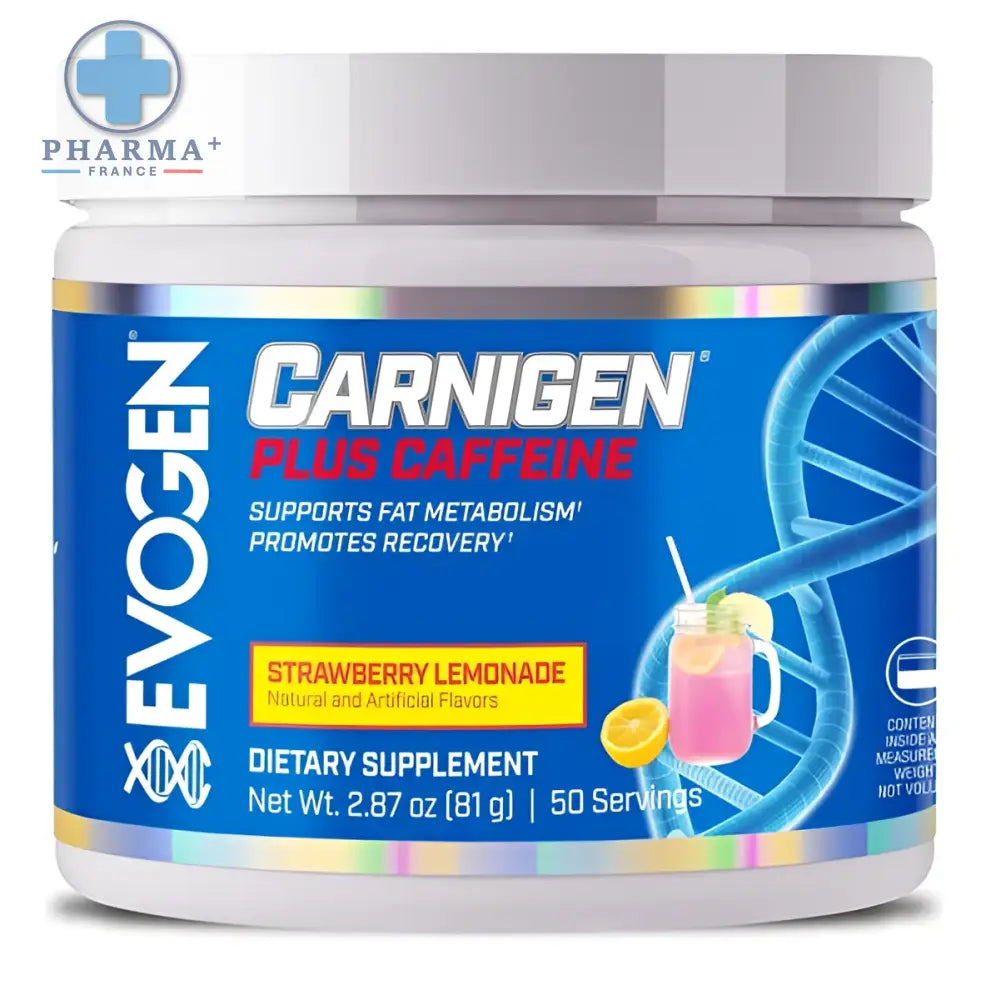 Contenant en plastique blanc evogen carnigen plus caféine avec étiquette bleue et argentée saveur strawberry lemonade complément alimentaire