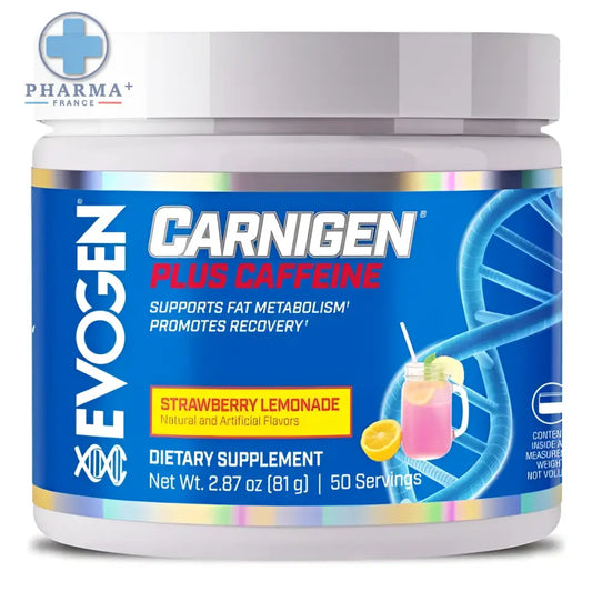 Contenant en plastique blanc evogen carnigen plus caféine avec étiquette bleue et argentée saveur strawberry lemonade complément alimentaire