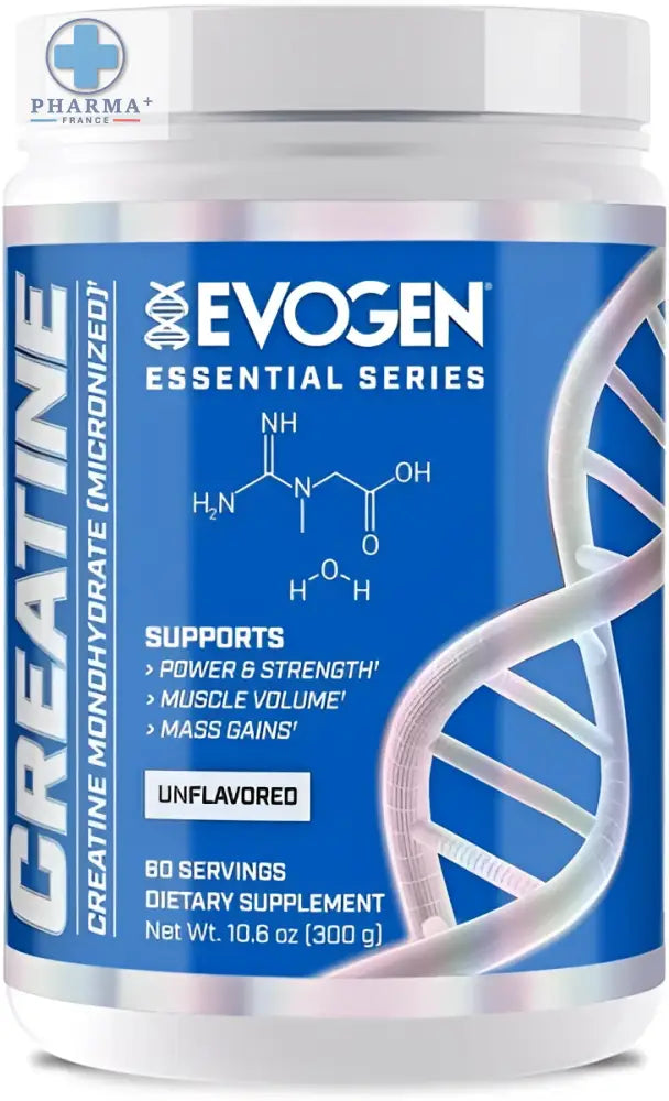 Conteneur blanc de evogen créatine monohydrate pure sans arôme 300 g avec étiquette bleue et design hélice d’ADN