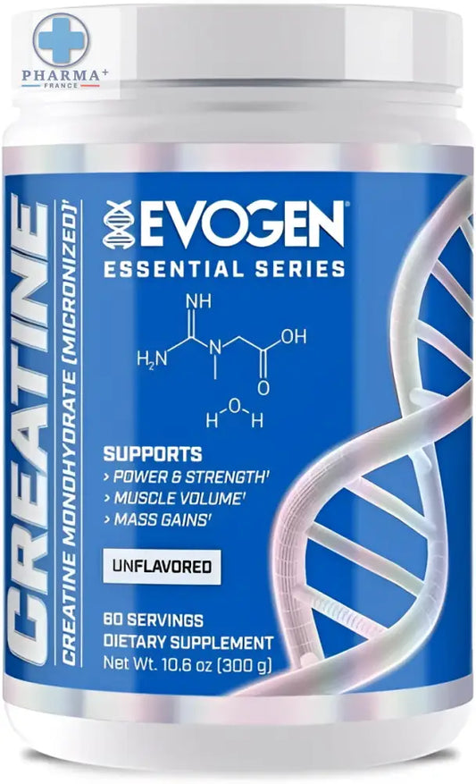 Conteneur blanc de evogen créatine monohydrate pure sans arôme 300 g avec étiquette bleue et design hélice d’ADN