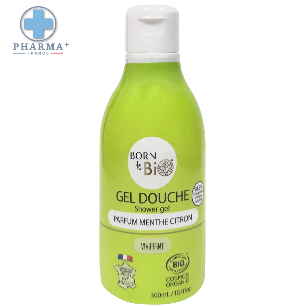 Flacon vert lime de gel douche menthe citron certifié bio born to bi parfum menthe citron 250 ml avec bouchon blanc