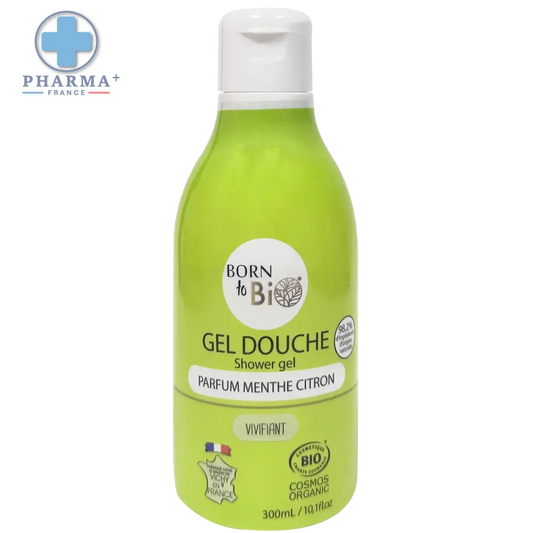 Flacon vert lime de gel douche menthe citron certifié bio born to bi parfum menthe citron 250 ml avec bouchon blanc