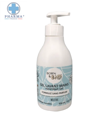 Gel lavant mains born to bio certifié bio en flacon pompe blanc 300 ml avec étiquette bleu clair géométrique