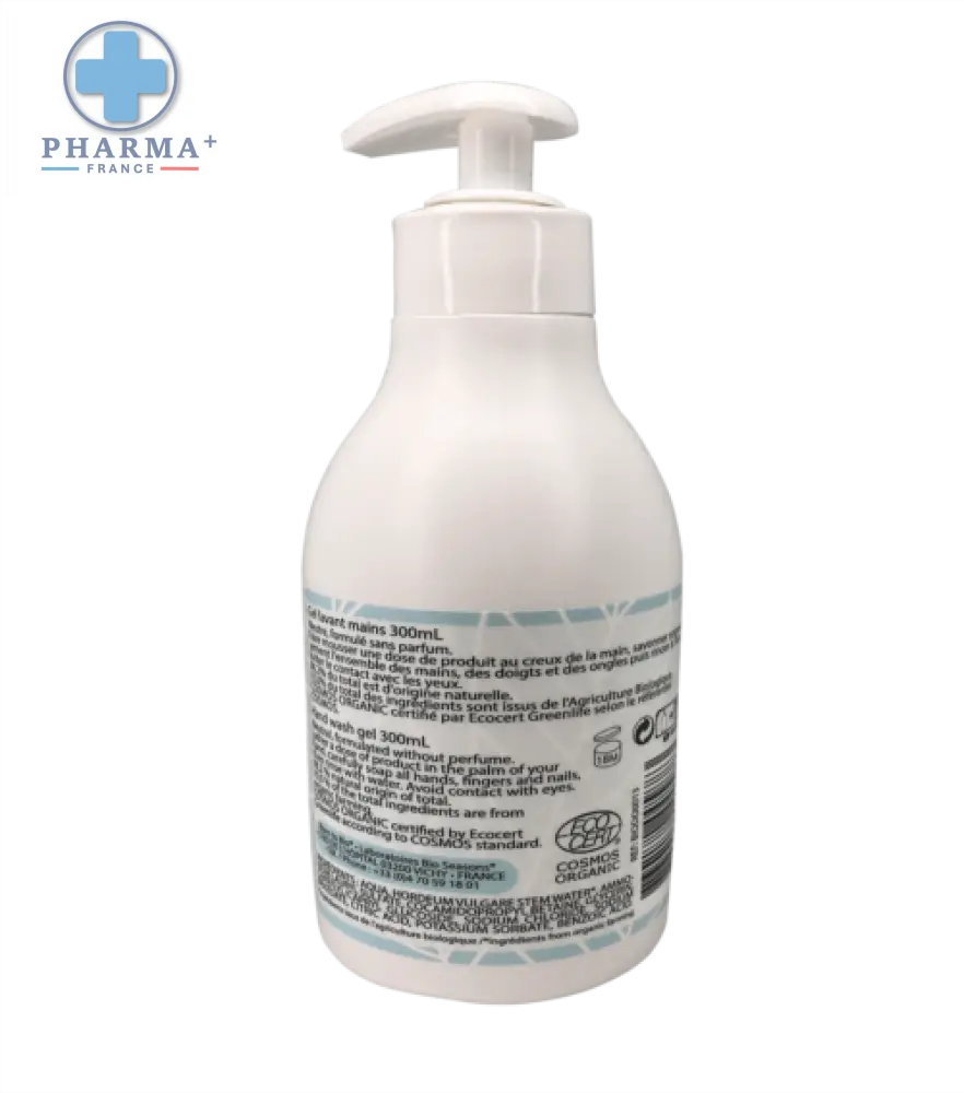 Bouteille blanche en plastique de gel lavant mains certifié bio pharma france born to bio 300 ml avec pompe blanche