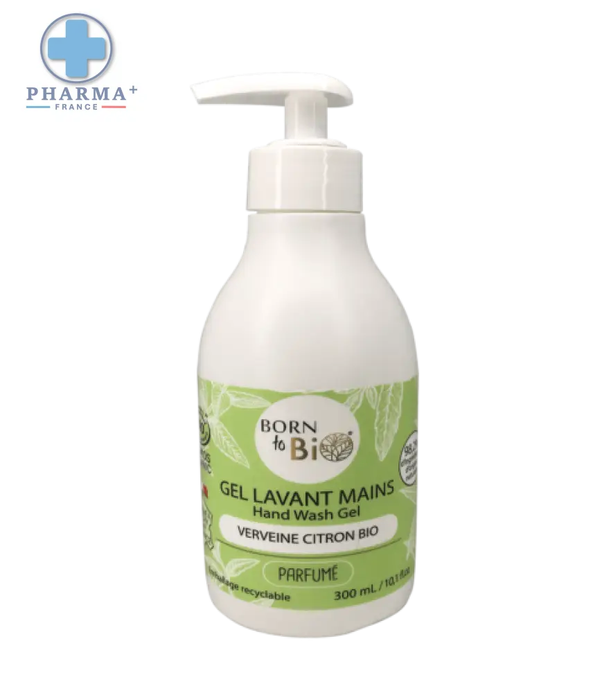 Bottle of born to biocitron gel lavant mains verveine citron certifié bio 300 ml with green label and pump dispenser